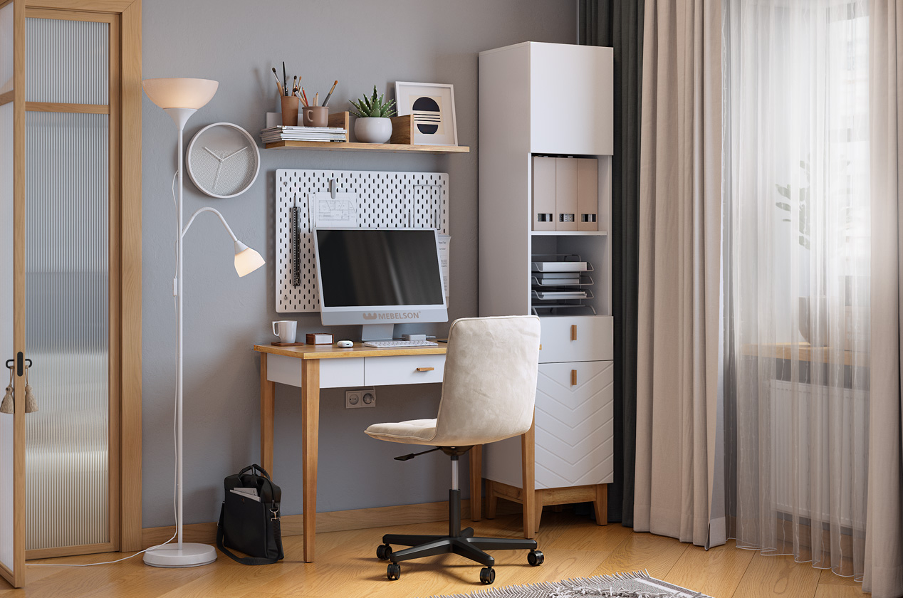 Стол компьютерный "Хюгге К1" (1400х500х1953 мм) (белое дерево/дуб крафт золотой/белый матовый)