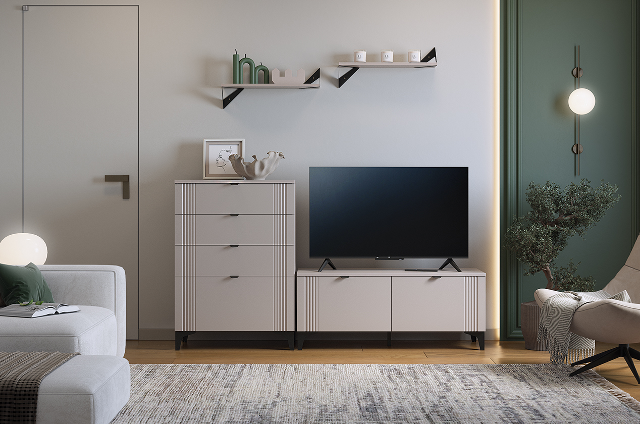 Гостиная "Рич К1" (1800х420х1800 мм) (кашемир/фрапучино матовый/черный)