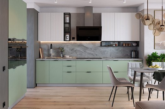 Кухонный гарнитур 10 (ширина 380х180х232,1 см) (белый/полынь софттач/милк матовый/черный муар)